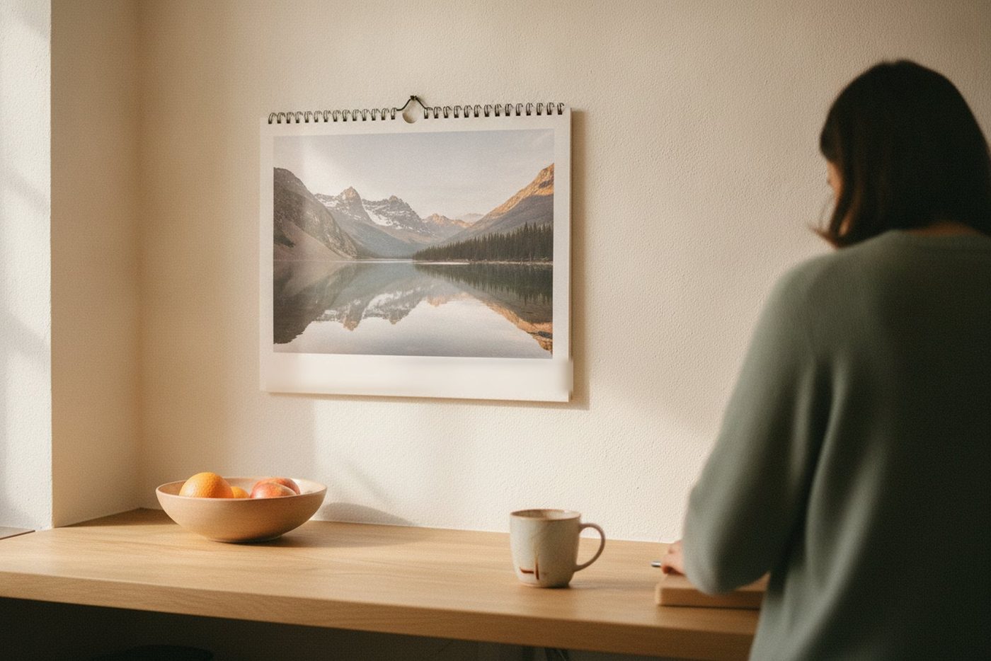 Wandkalender mit Bergsee-Motiv in einer wohnlichen Küche