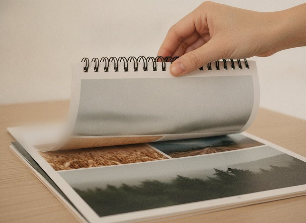 Hand blättert eine Seite eines Fotokalenders um