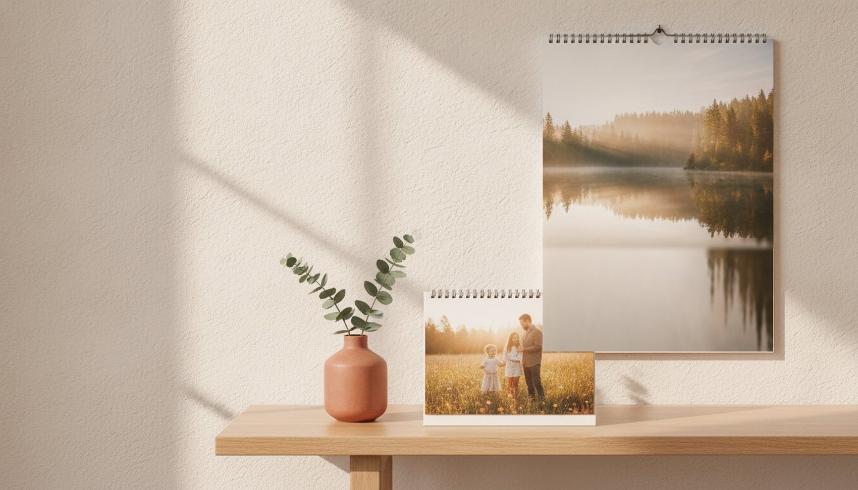 Wandkalender und Tischkalender mit eigenen Fotos auf einer Holzkonsole