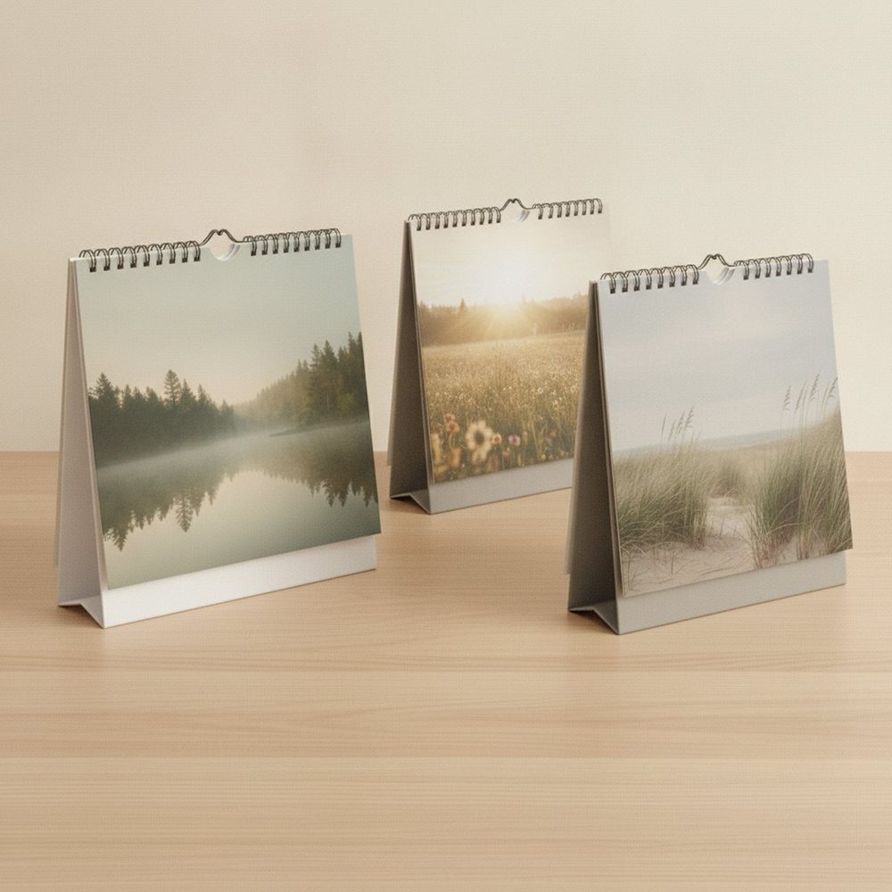 Drei Tischkalender mit auffaltbarer Stütze nebeneinander auf einem hellen Holztisch