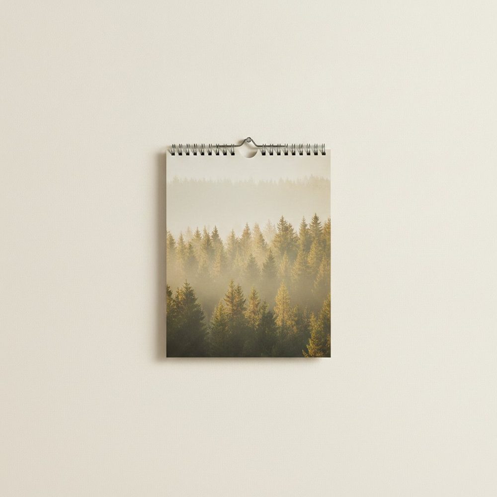 Wandkalender im Format A3 hochkant an heller Wand, Kalenderseite zeigt einen nebligen Kiefernwald im Morgenlicht
