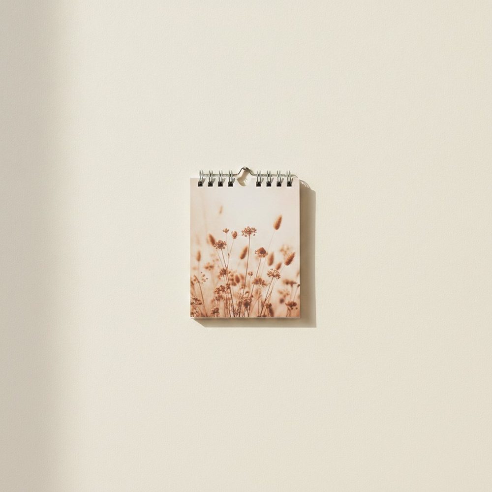 Kompakter Wandkalender im Format A5 hochkant mit einem Trockenblumenmotiv in Terrakotta- und Beigetönen