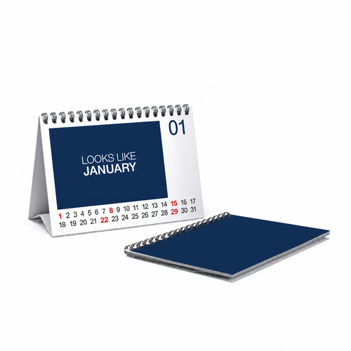 Tischkalender mit Wire-O-Bindung und auffaltbarer Stütze