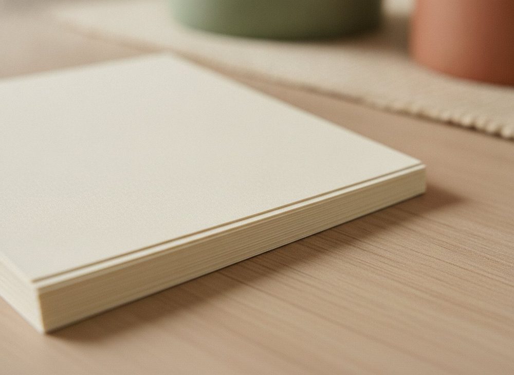 Nahaufnahme der Papierkante eines Kalenders aus 170 g Bilderdruckpapier matt