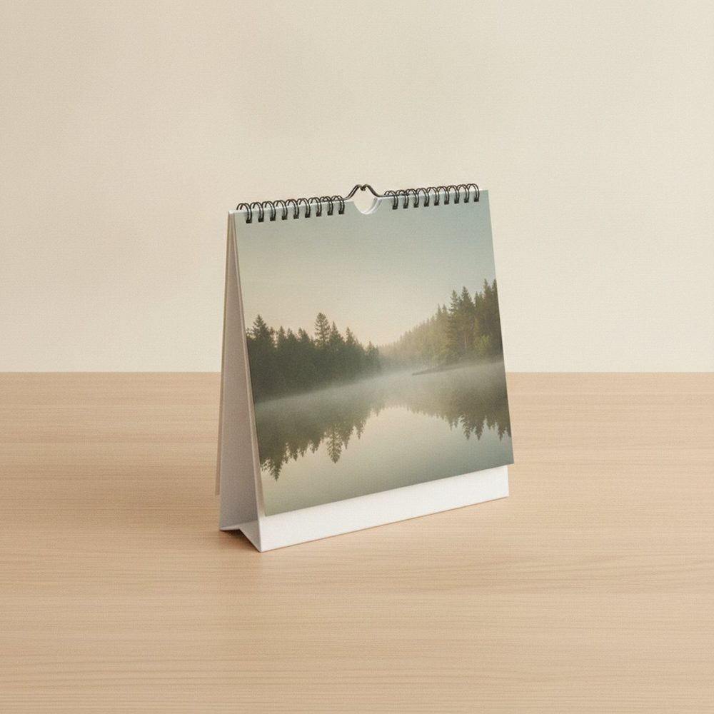 Tischkalender mit auffaltbarer weißer Stütze auf einem hellen Holztisch, Kalenderseite zeigt einen Waldsee im Morgennebel