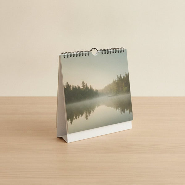 Tischkalender mit auffaltbarer weißer Stütze, Kalenderseite zeigt einen Waldsee im Morgennebel
