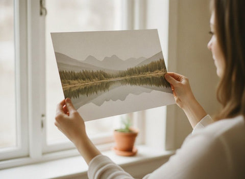 Hände halten einen Fotoabzug prüfend gegen das Licht eines Fensters