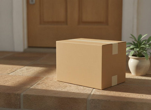 Verpacktes Paket liegt im Morgenlicht auf einer Türschwelle